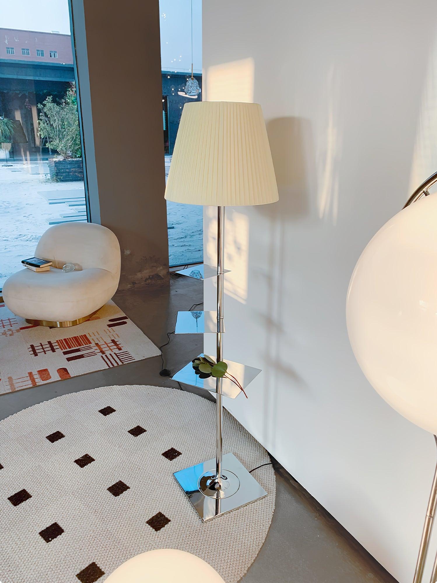Modern Chrome Prism Floor Lamp with Integrated Side Table and Fabric Shade