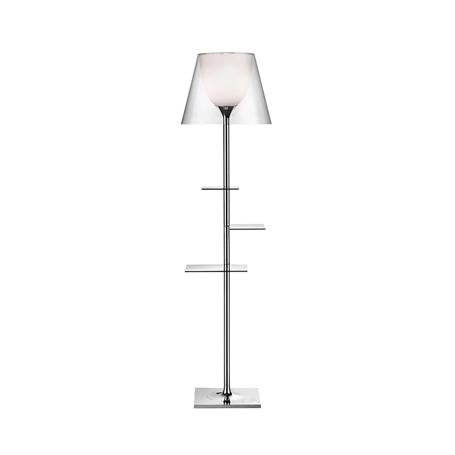 Modern Chrome Prism Floor Lamp with Integrated Side Table and Fabric Shade