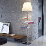 Modern Chrome Prism Floor Lamp with Integrated Side Table and Fabric Shade