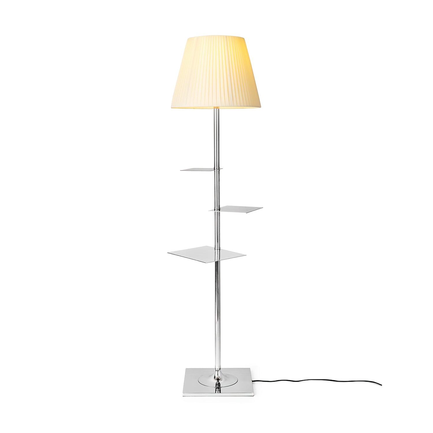 Modern Chrome Prism Floor Lamp with Integrated Side Table and Fabric Shade