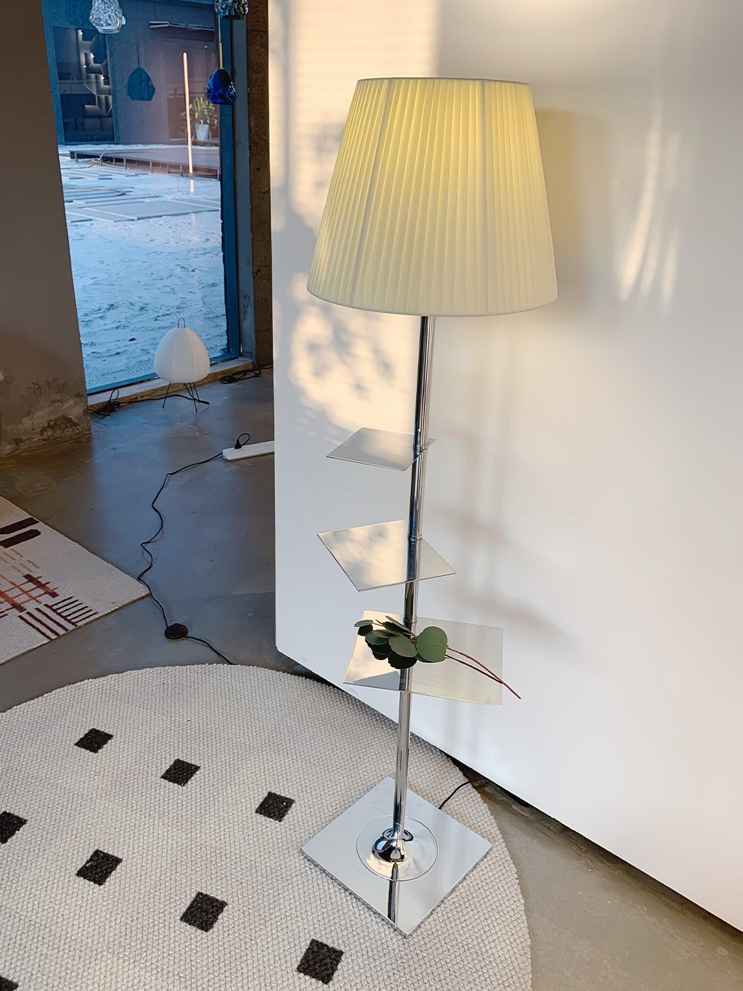 Modern Chrome Prism Floor Lamp with Integrated Side Table and Fabric Shade
