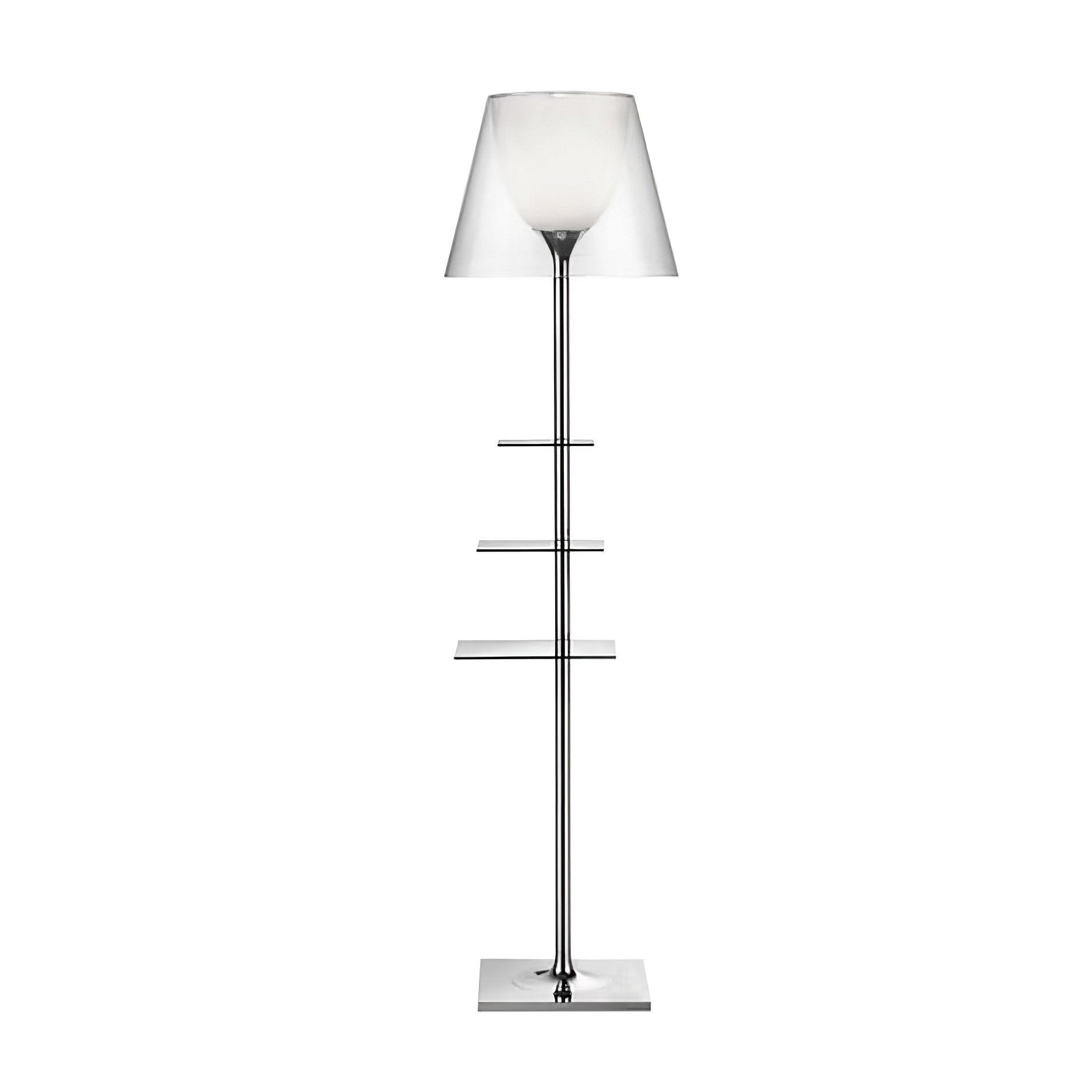 Modern Chrome Prism Floor Lamp with Integrated Side Table and Fabric Shade