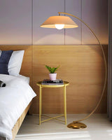 Contemporary Arched Floor Lamp Gold Finish with White Linen Cotton Shade