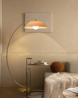 Contemporary Arched Floor Lamp Gold Finish with White Linen Cotton Shade
