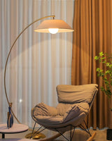 Contemporary Arched Floor Lamp Gold Finish with White Linen Cotton Shade