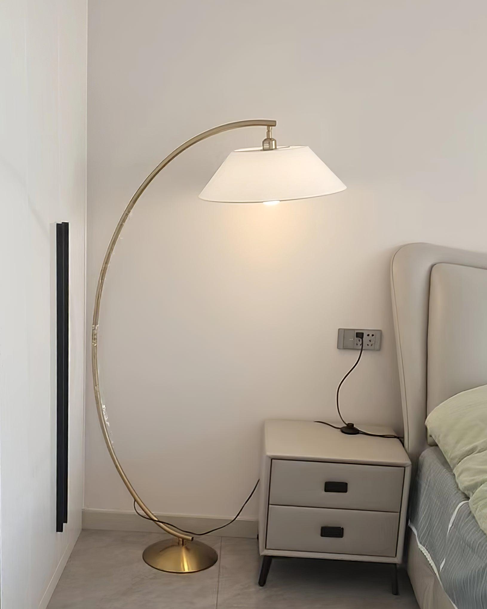 Contemporary Arched Floor Lamp Gold Finish with White Linen Cotton Shade