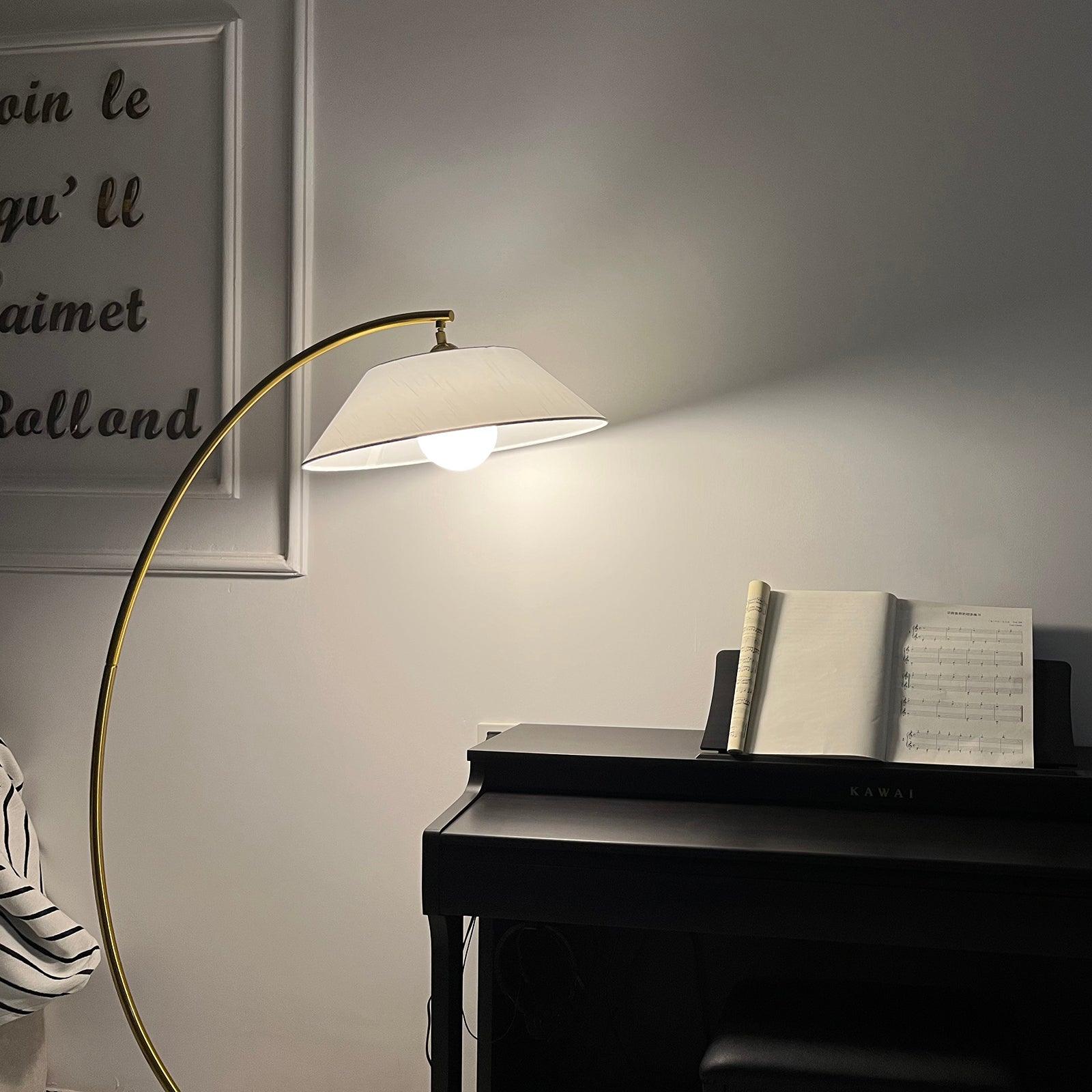 Contemporary Arched Floor Lamp Gold Finish with White Linen Cotton Shade