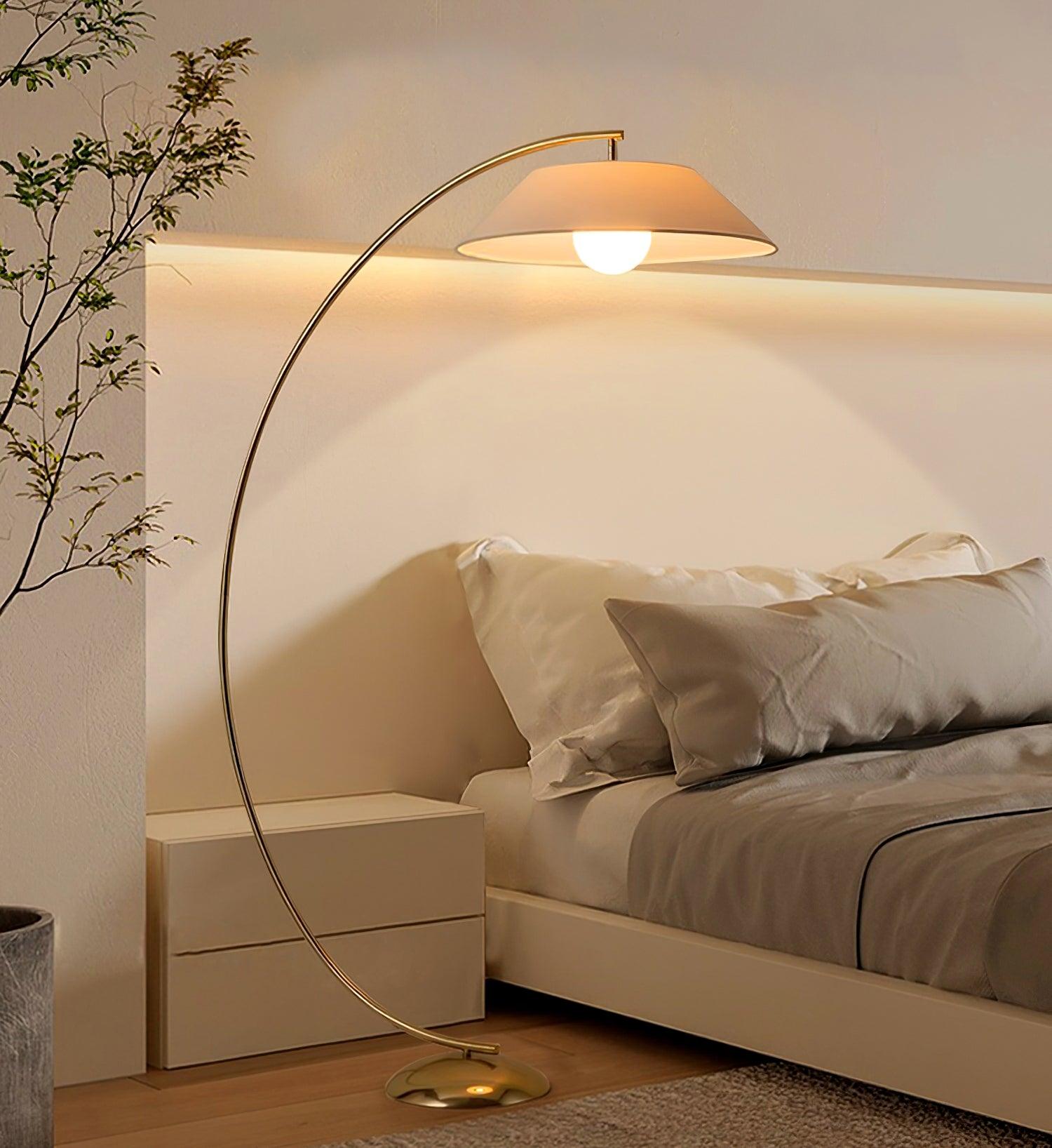 Contemporary Arched Floor Lamp Gold Finish with White Linen Cotton Shade