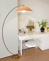 Contemporary Arched Floor Lamp Gold Finish with White Linen Cotton Shade