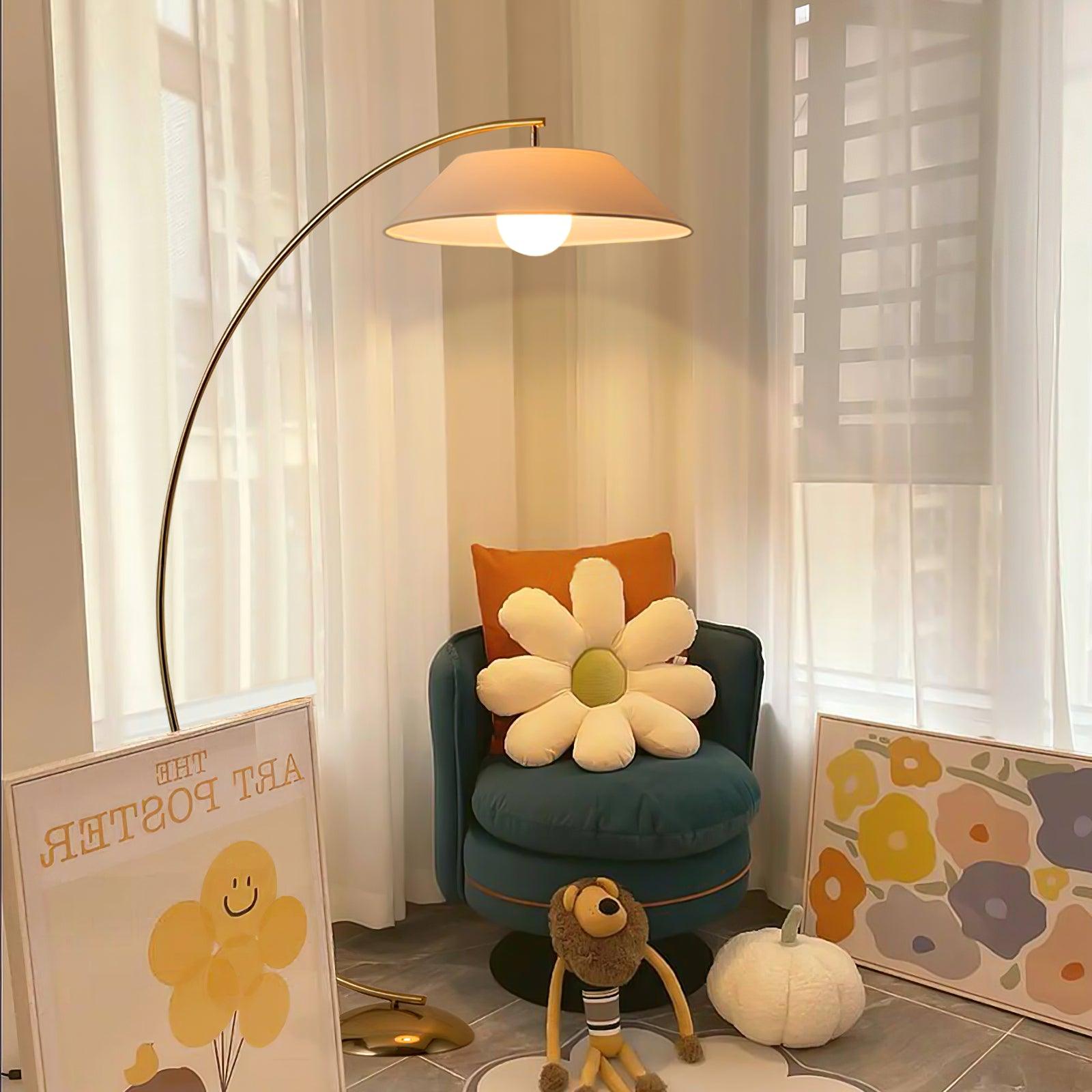 Contemporary Arched Floor Lamp Gold Finish with White Linen Cotton Shade