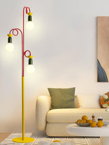 Retro Modern Memphis Style Geometric Floor Lamp with Colorful Accents and Rounded Glass Globe