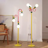 Retro Modern Memphis Style Geometric Floor Lamp with Colorful Accents and Rounded Glass Globe