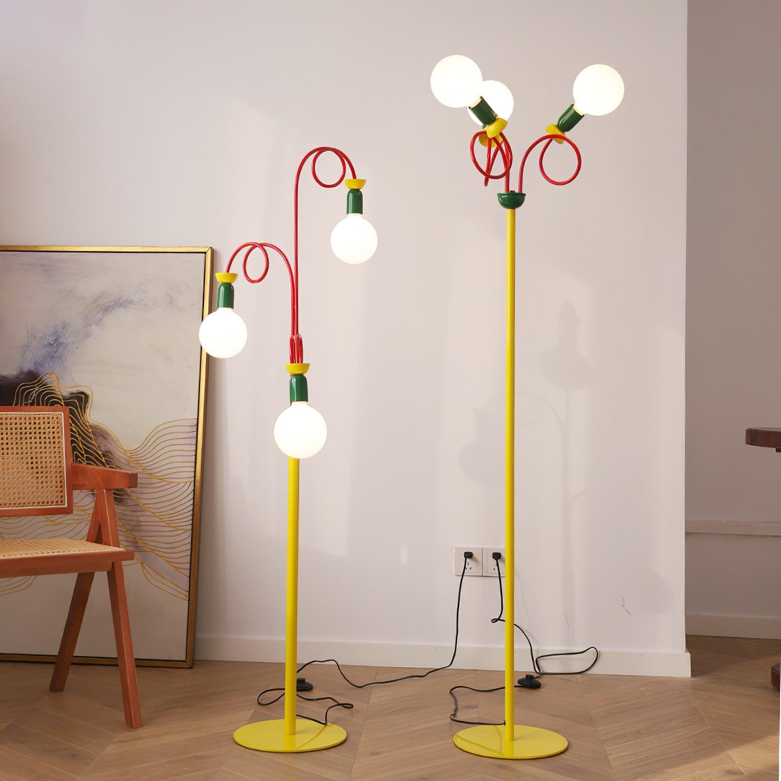 Retro Modern Memphis Style Geometric Floor Lamp with Colorful Accents and Rounded Glass Globe