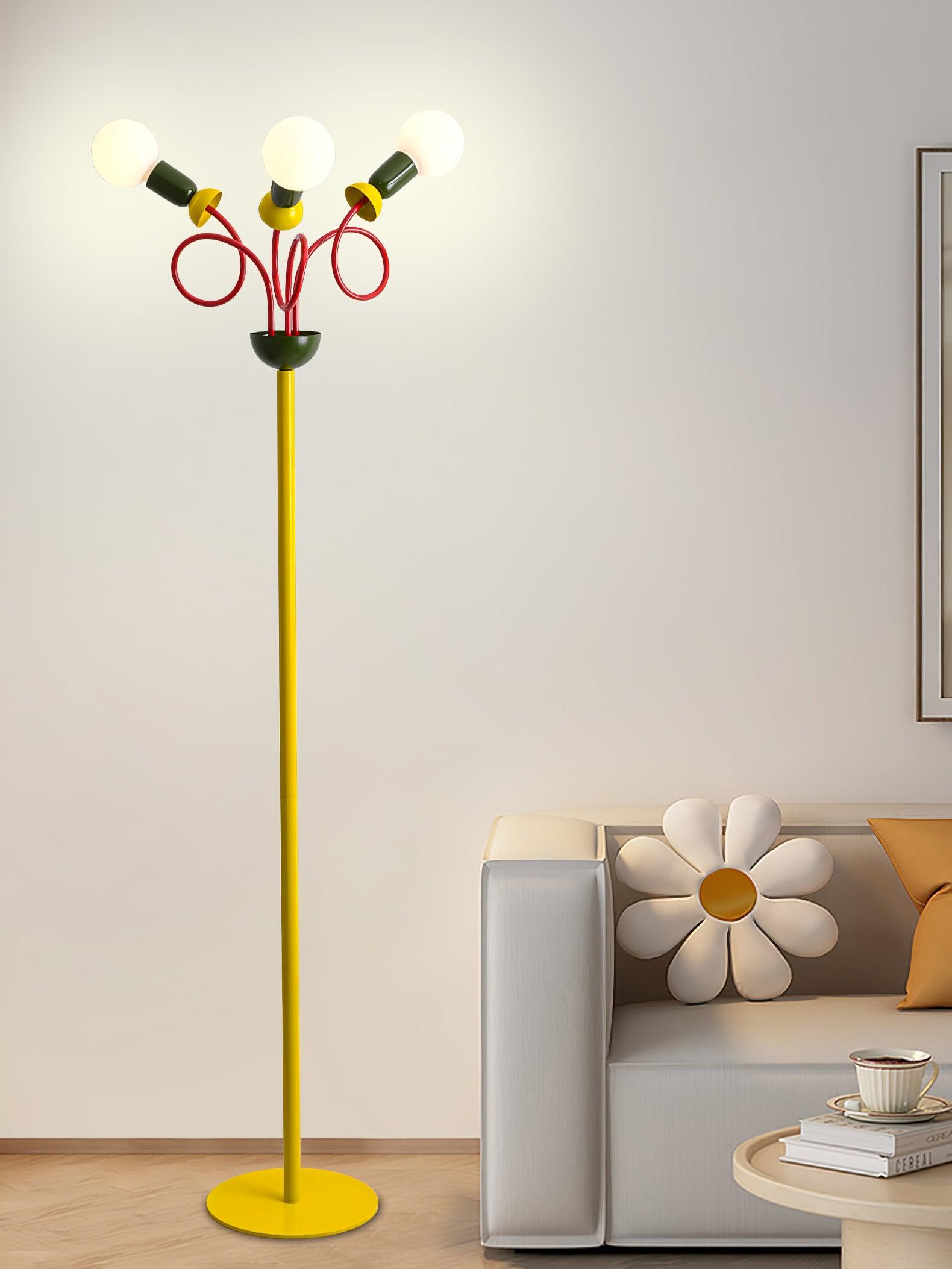 Retro Modern Memphis Style Geometric Floor Lamp with Colorful Accents and Rounded Glass Globe
