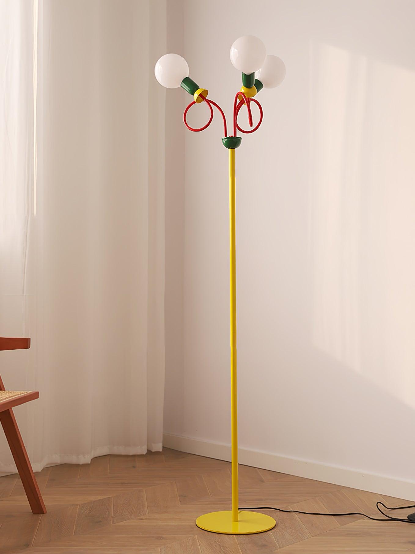 Retro Modern Memphis Style Geometric Floor Lamp with Colorful Accents and Rounded Glass Globe