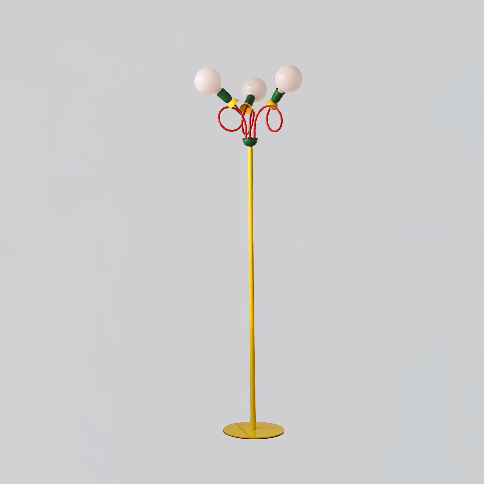 Retro Modern Memphis Style Geometric Floor Lamp with Colorful Accents and Rounded Glass Globe
