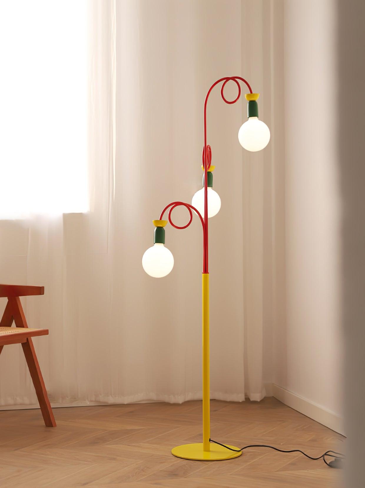 Retro Modern Memphis Style Geometric Floor Lamp with Colorful Accents and Rounded Glass Globe
