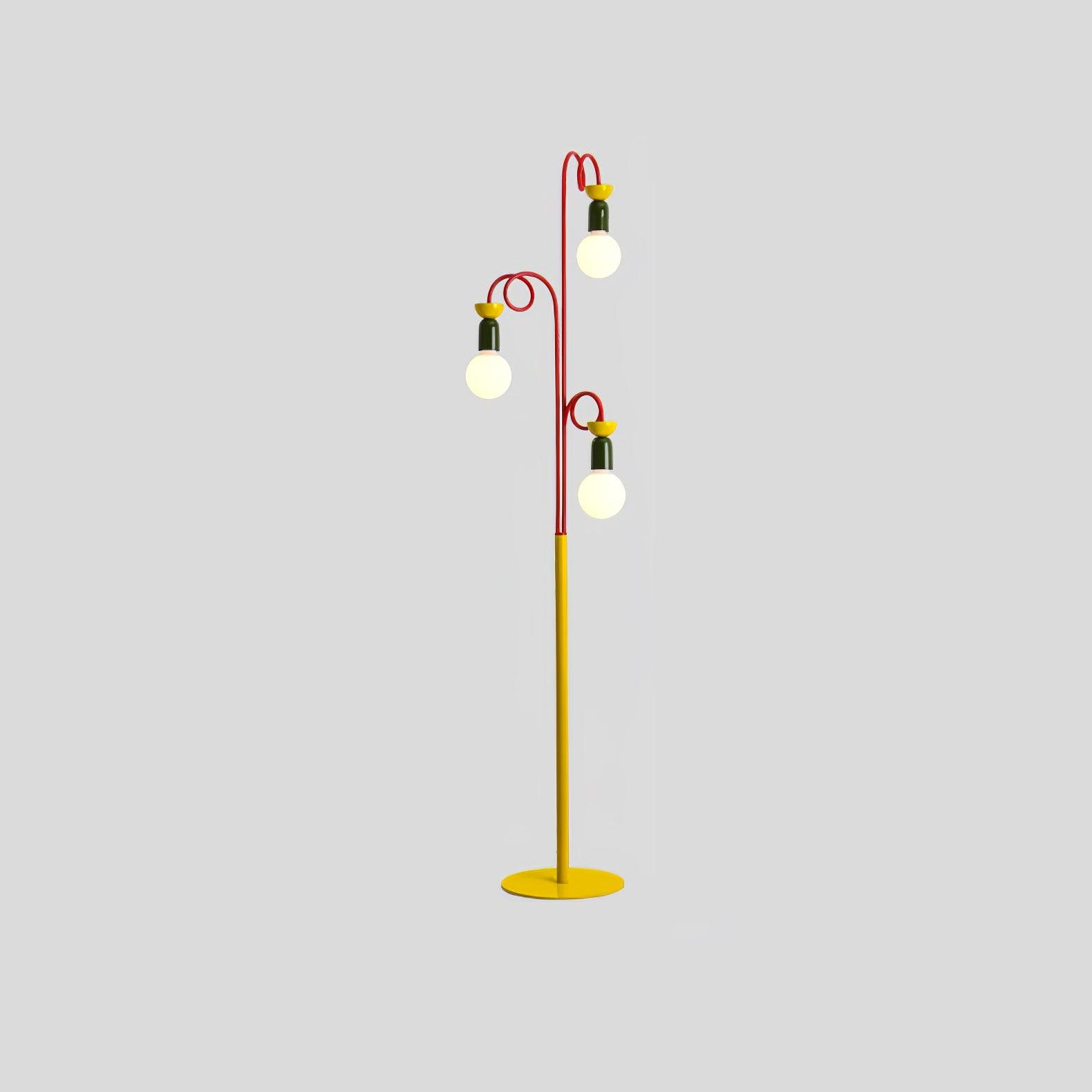 Retro Modern Memphis Style Geometric Floor Lamp with Colorful Accents and Rounded Glass Globe