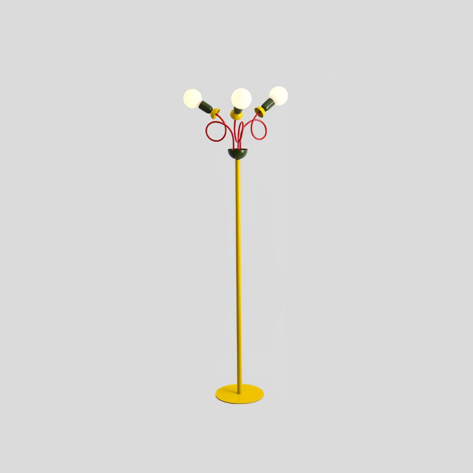 Retro Modern Memphis Style Geometric Floor Lamp with Colorful Accents and Rounded Glass Globe