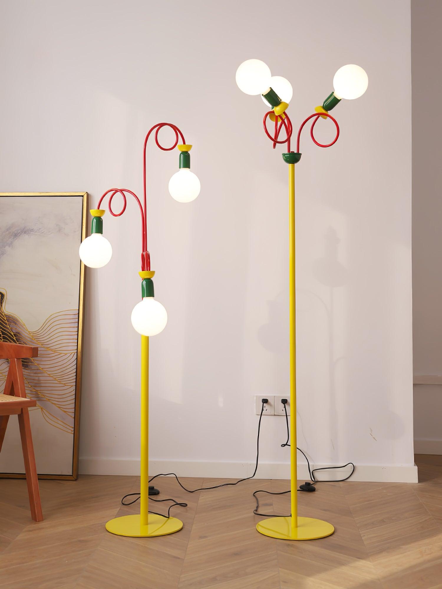 Retro Modern Memphis Style Geometric Floor Lamp with Colorful Accents and Rounded Glass Globe