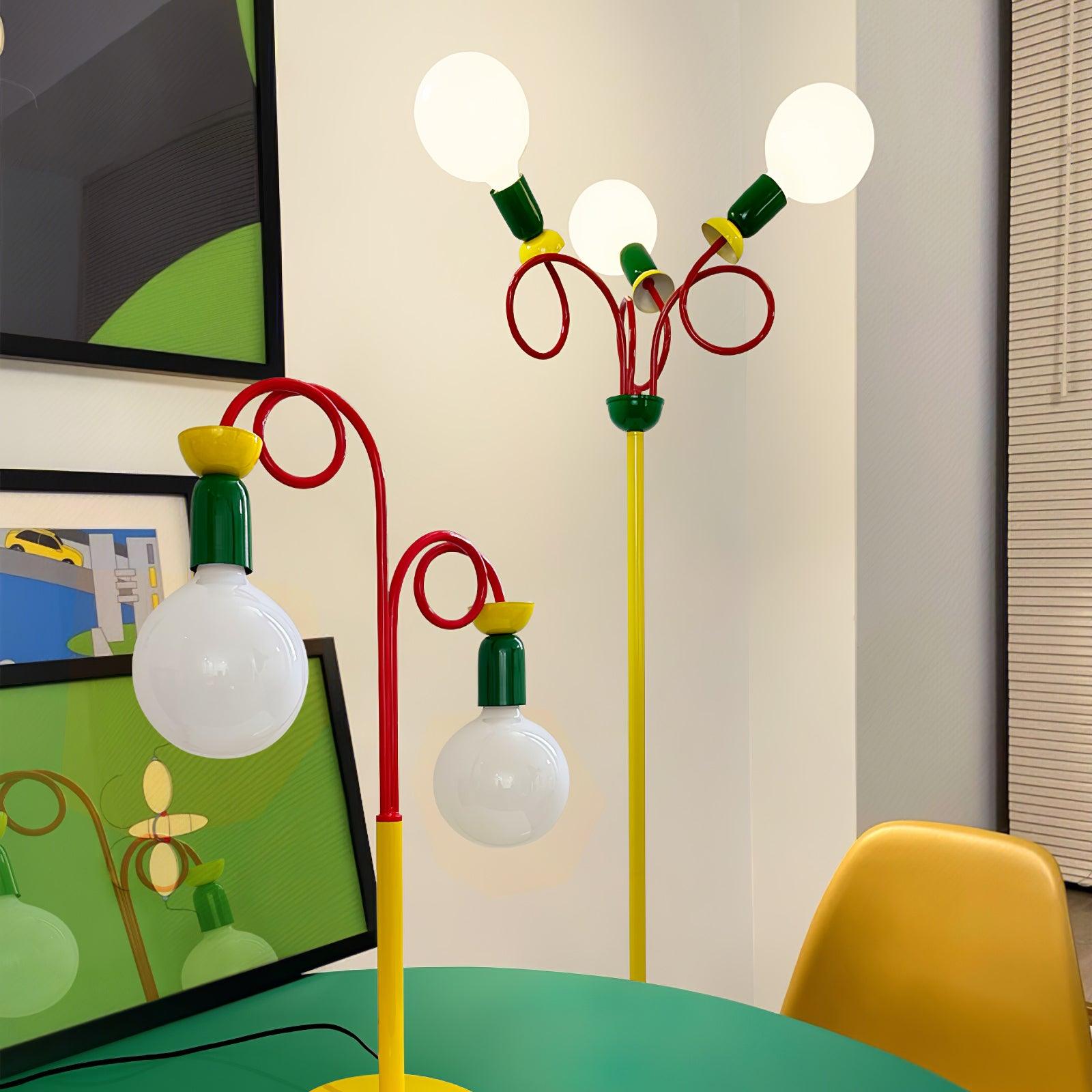 Retro Modern Memphis Style Geometric Floor Lamp with Colorful Accents and Rounded Glass Globe