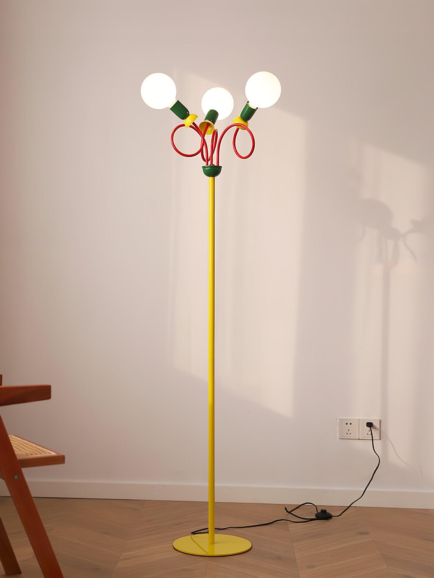 Retro Modern Memphis Style Geometric Floor Lamp with Colorful Accents and Rounded Glass Globe
