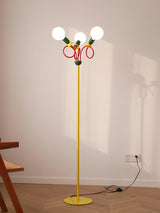 Retro Modern Memphis Style Geometric Floor Lamp with Colorful Accents and Rounded Glass Globe