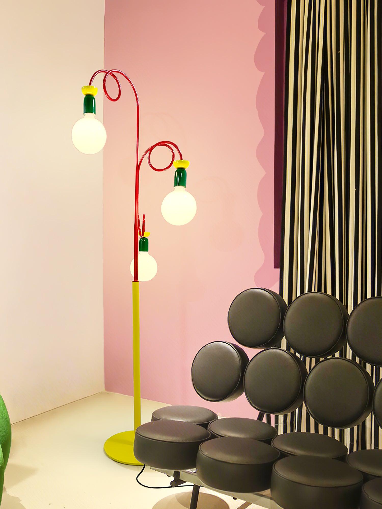 Retro Modern Memphis Style Geometric Floor Lamp with Colorful Accents and Rounded Glass Globe