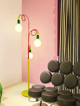 Retro Modern Memphis Style Geometric Floor Lamp with Colorful Accents and Rounded Glass Globe