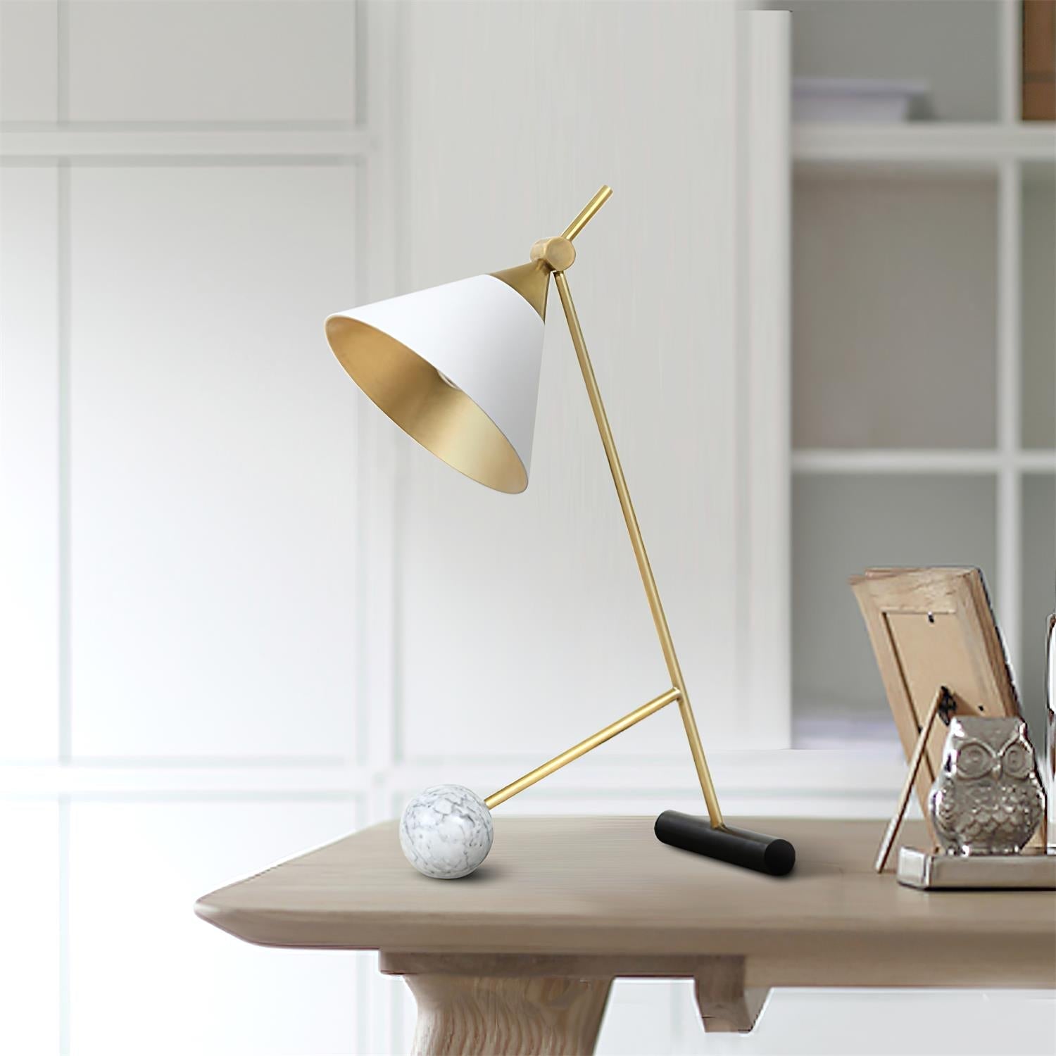 Modern Marble Table Lamp with Conical Shade and Orb Accent for Elegant Bedside and Study Lighting