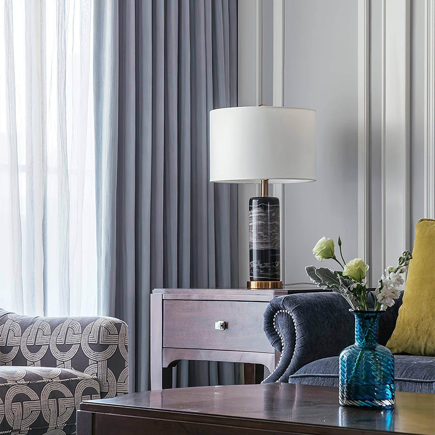 Modern Marble Bedside Table Lamp Gold Metal Finish with White Fabric Drum Shade