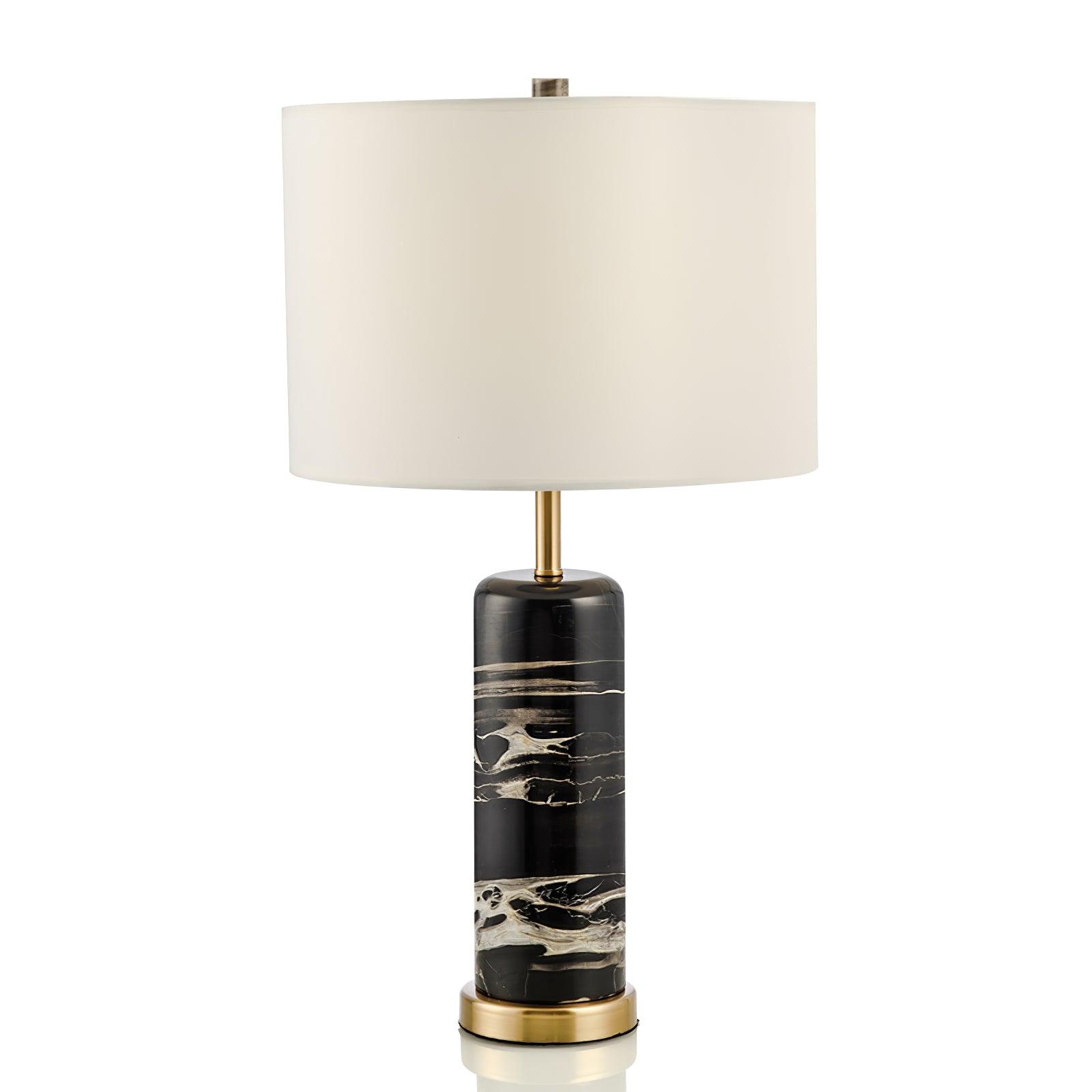Modern Marble Bedside Table Lamp Gold Metal Finish with White Fabric Drum Shade