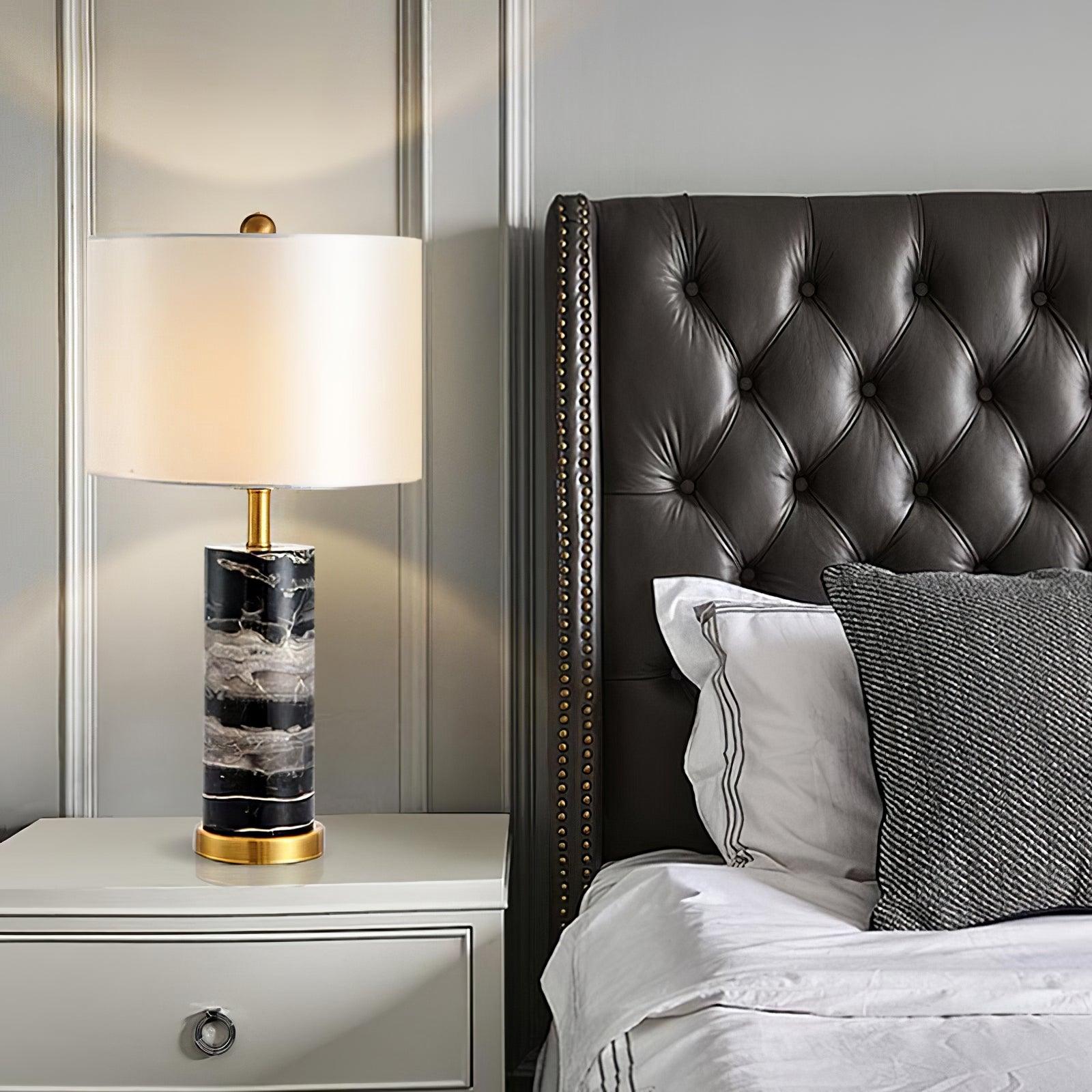 Modern Marble Bedside Table Lamp Gold Metal Finish with White Fabric Drum Shade
