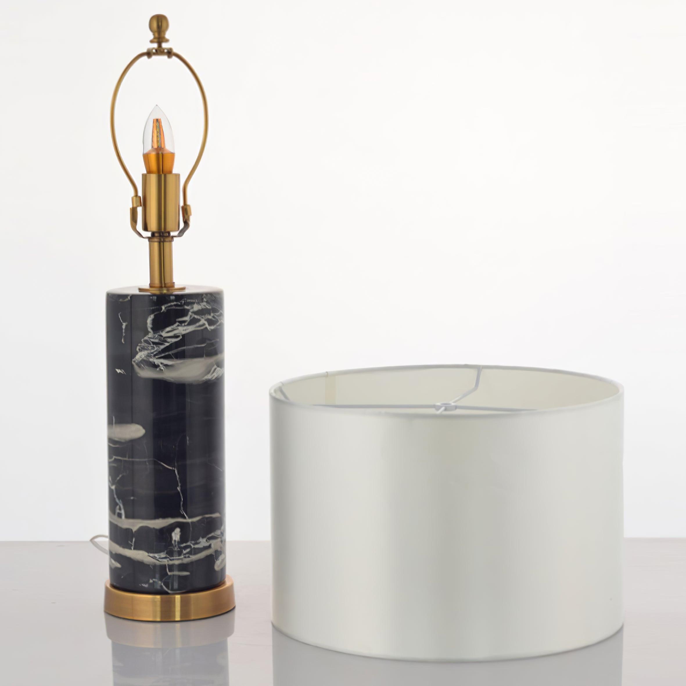Modern Marble Bedside Table Lamp Gold Metal Finish with White Fabric Drum Shade