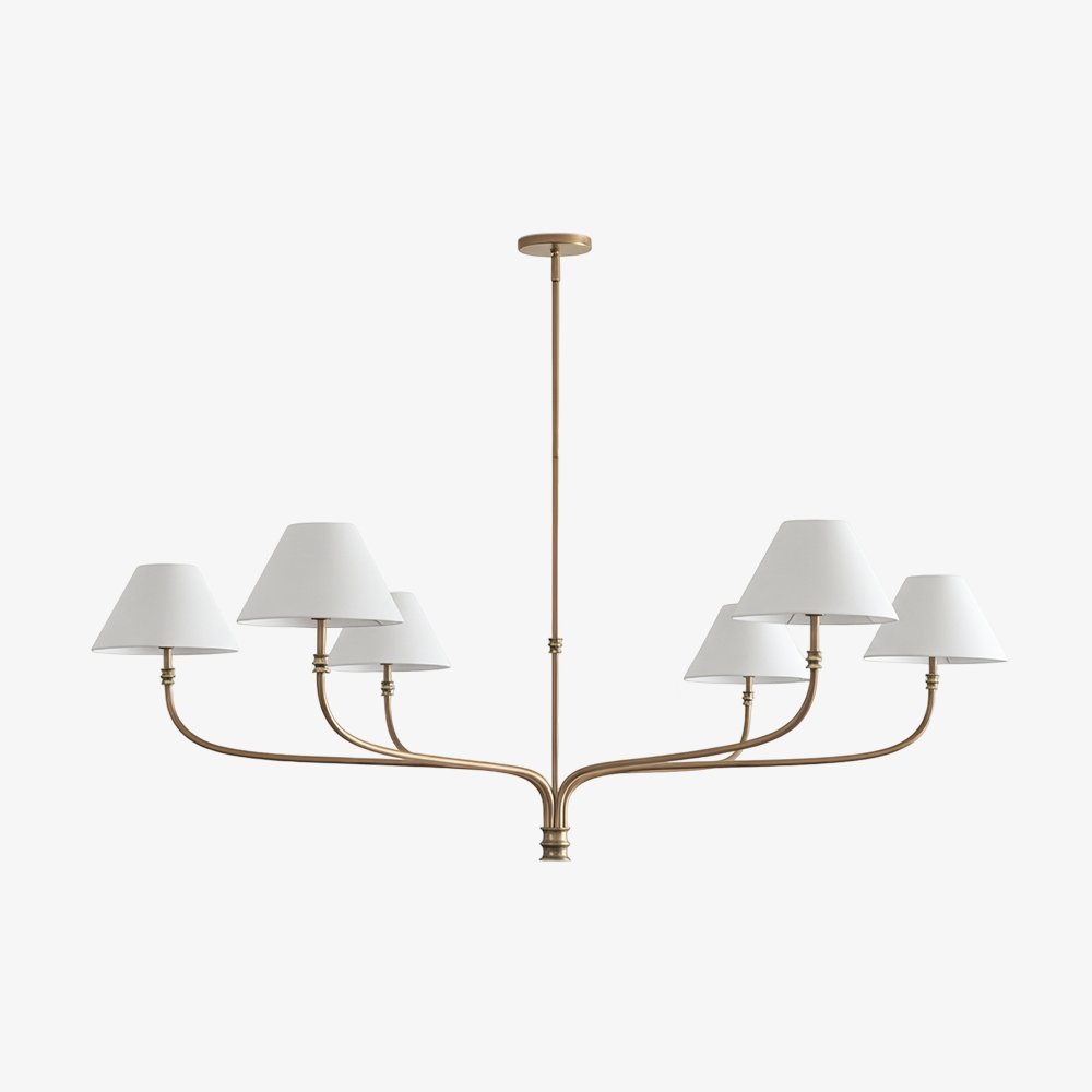 modern-antique-brass-chandelier-with-curved-arms-and-white-tapered-fabric-shades