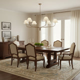 modern-antique-brass-chandelier-with-curved-arms-and-white-tapered-fabric-shades