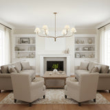 modern-antique-brass-chandelier-with-curved-arms-and-white-tapered-fabric-shades