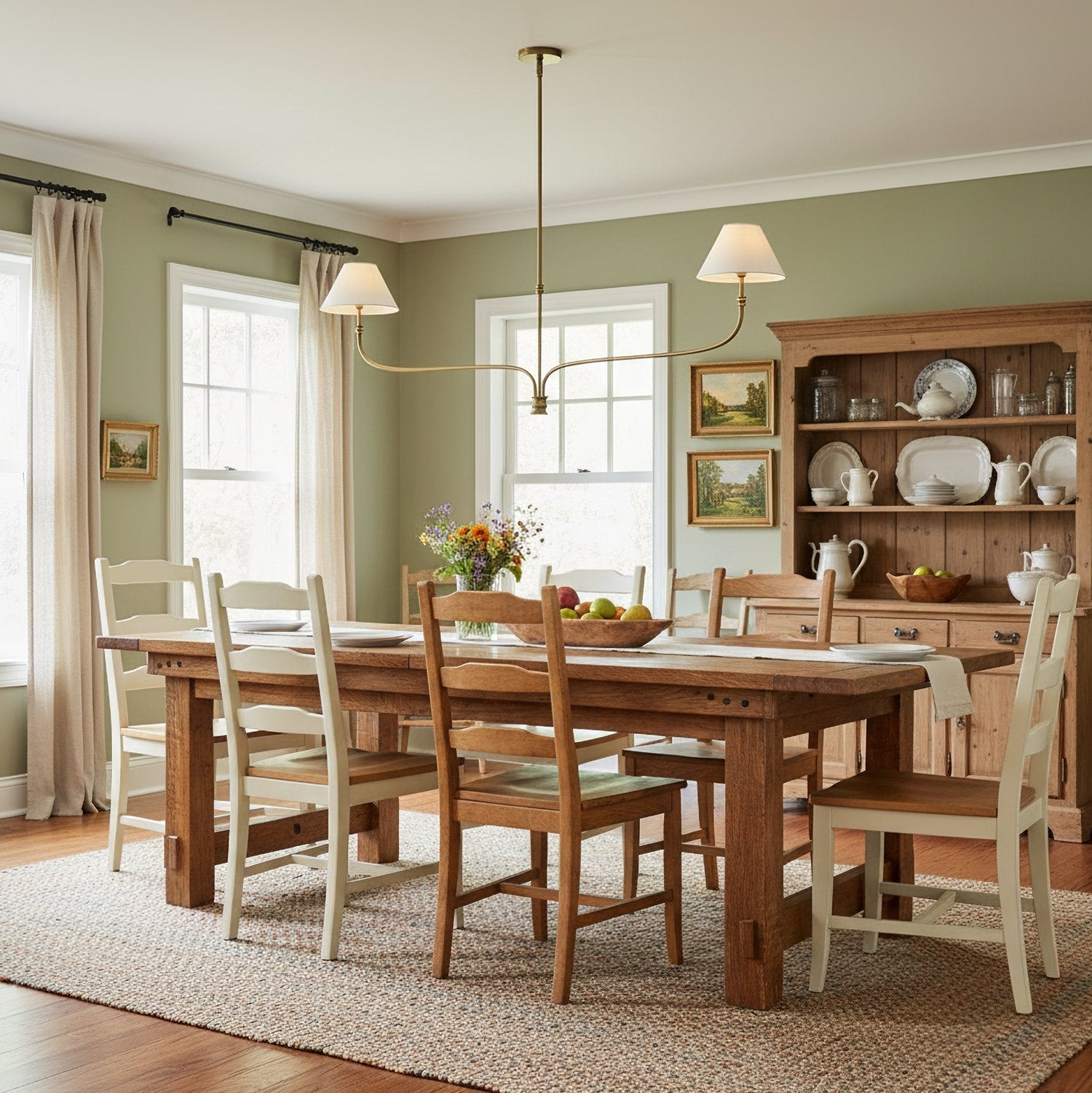 modern-antique-brass-chandelier-with-curved-arms-and-white-tapered-fabric-shades