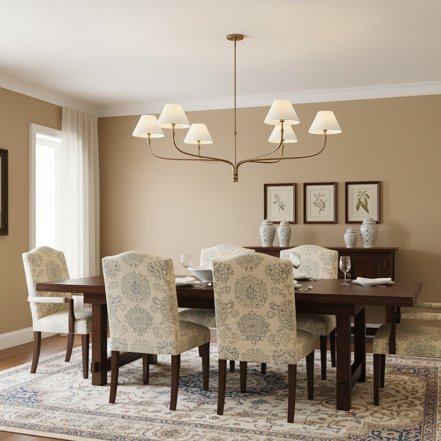 modern-antique-brass-chandelier-with-curved-arms-and-white-tapered-fabric-shades