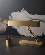 Modern Industrial Brass Table Lamp with Integrated LED and Built in Pen Tray