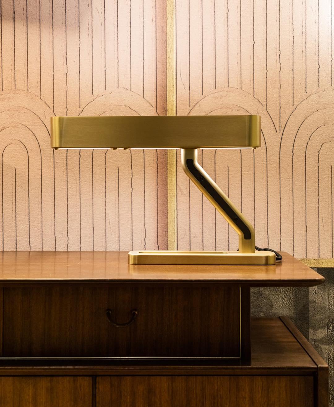 Modern Industrial Brass Table Lamp with Integrated LED and Built in Pen Tray
