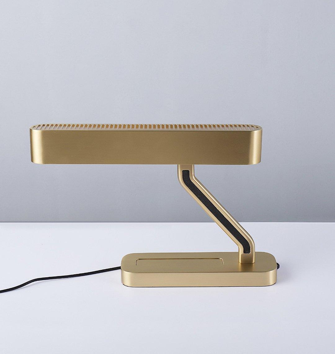 Modern Industrial Brass Table Lamp with Integrated LED and Built in Pen Tray