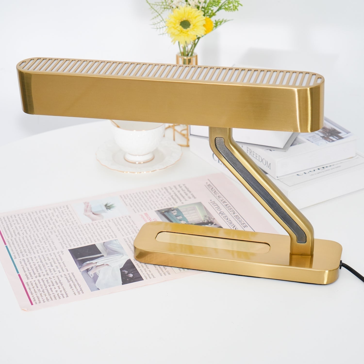 Modern Industrial Brass Table Lamp with Integrated LED and Built in Pen Tray