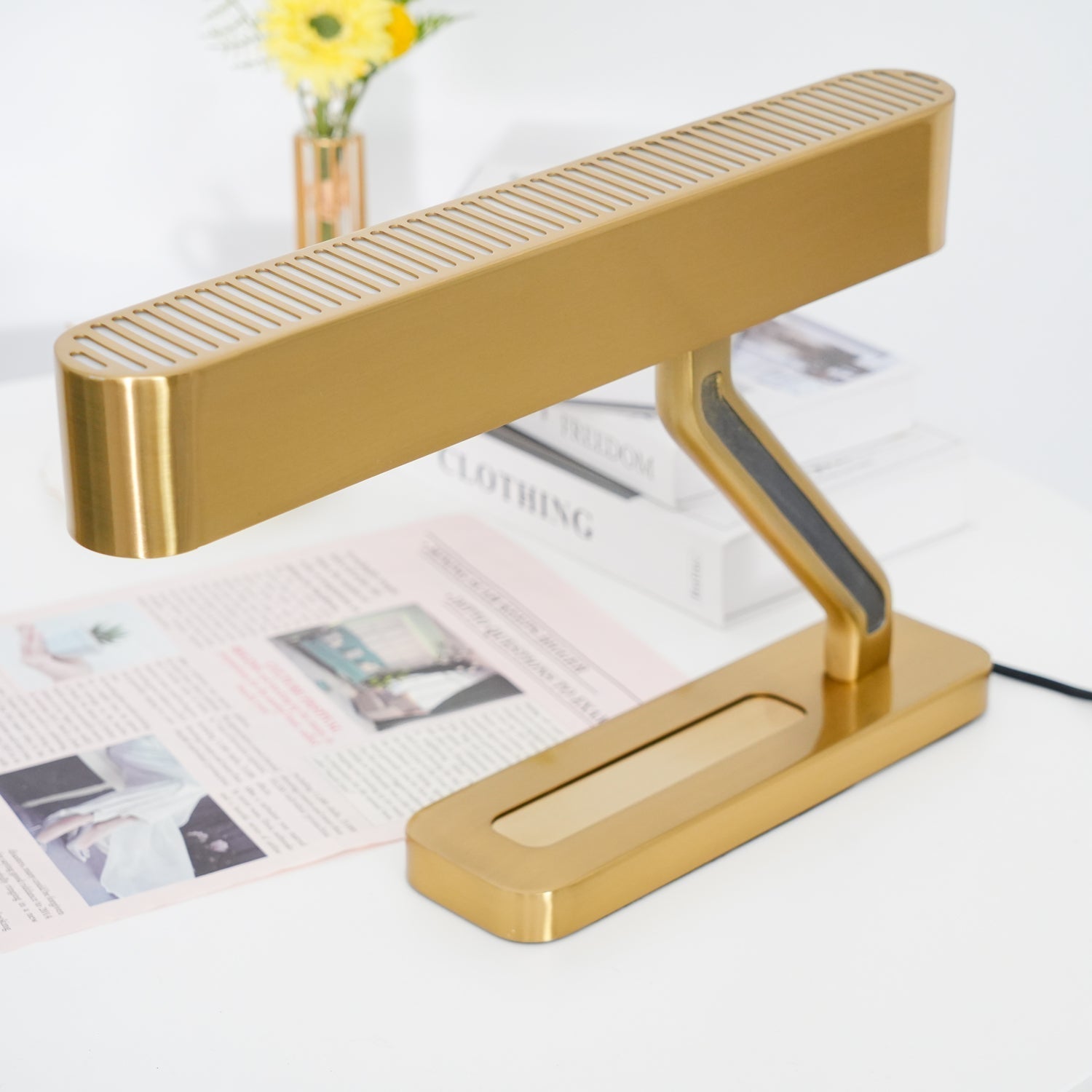 Modern Industrial Brass Table Lamp with Integrated LED and Built in Pen Tray