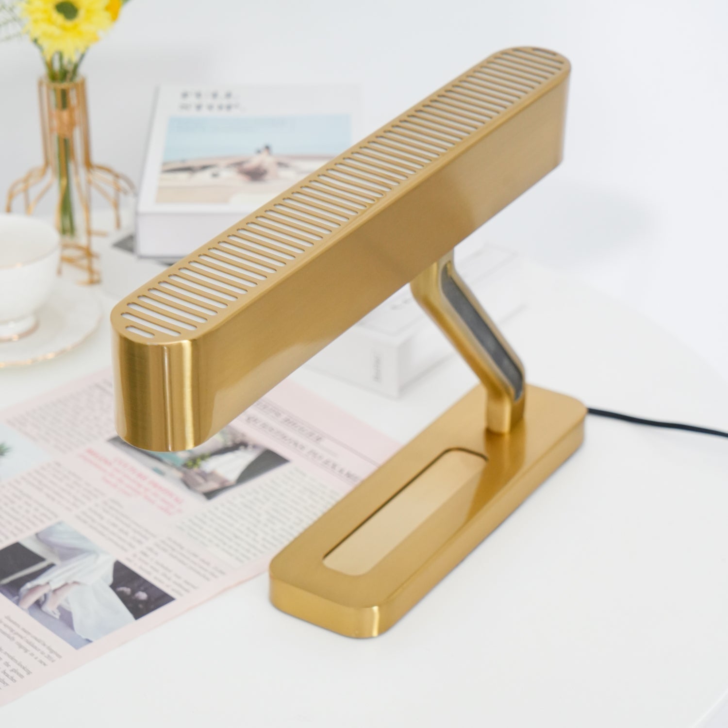 Modern Industrial Brass Table Lamp with Integrated LED and Built in Pen Tray