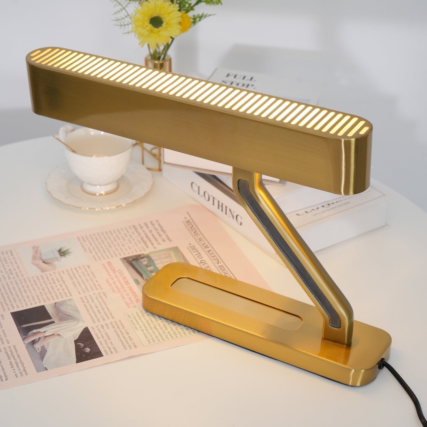 Modern Industrial Brass Table Lamp with Integrated LED and Built in Pen Tray