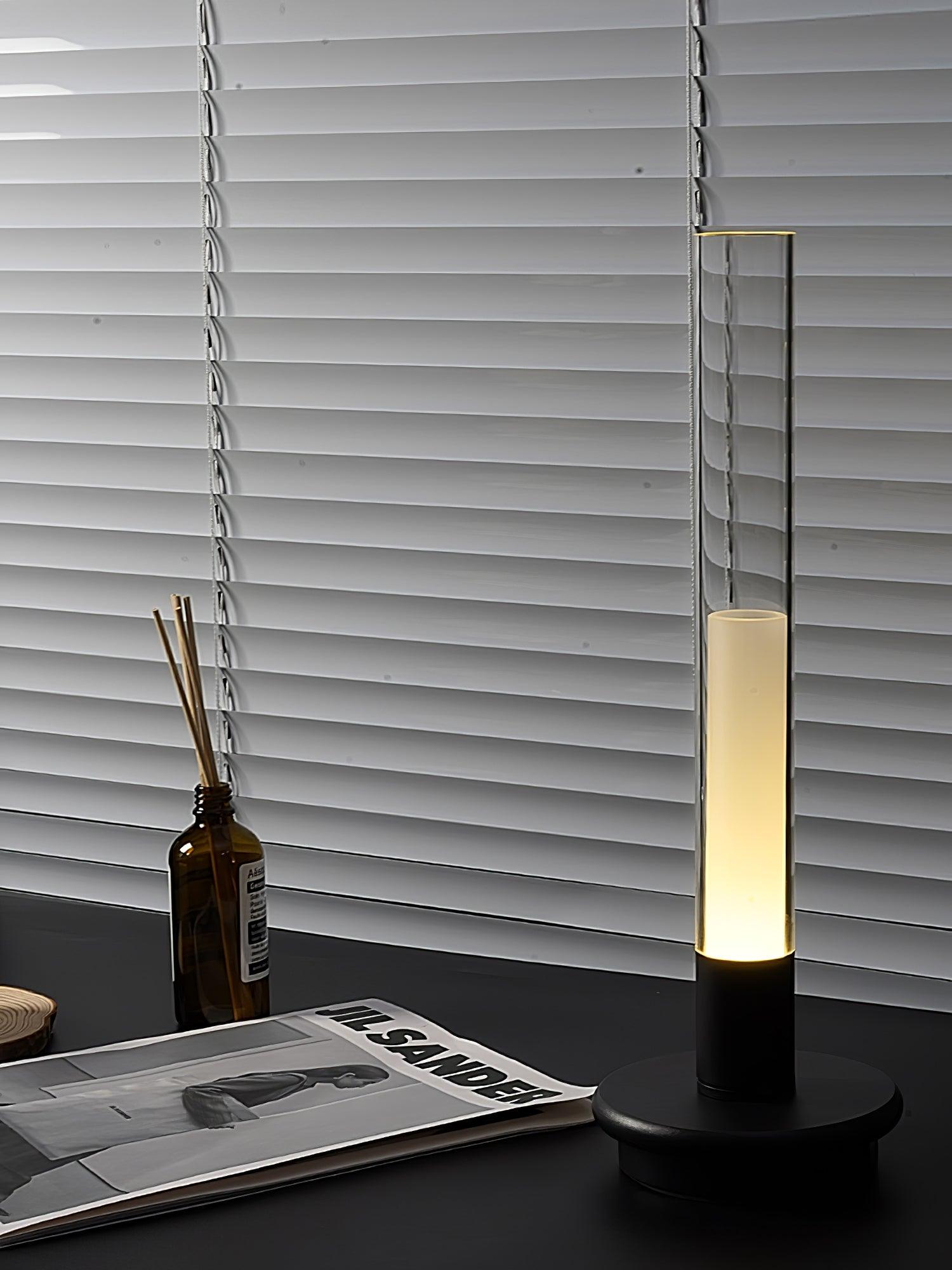 Minimalist Rechargeable Column Table Lamp Cordless Bedside Reading Light with Black Metal Body
