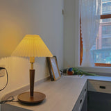 Modern Scandinavian Wooden Table Lamp with White Pleated Fabric Cone Shade