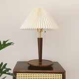 Modern Scandinavian Wooden Table Lamp with White Pleated Fabric Cone Shade