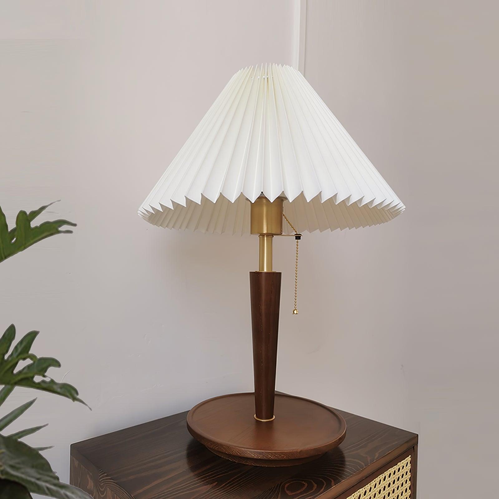 Modern Scandinavian Wooden Table Lamp with White Pleated Fabric Cone Shade